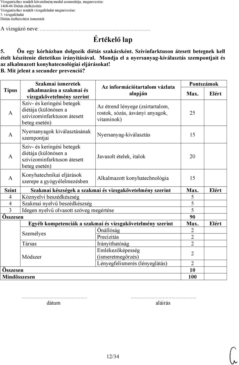 Típus Szakmai ismeretek alkalmazása a szakmai és vizsgakövetelmény szerint Szív- és keringési betegek diétája (különösen a szívizominfarktuson átesett beteg esetén) Nyersanyagok kiválasztásának