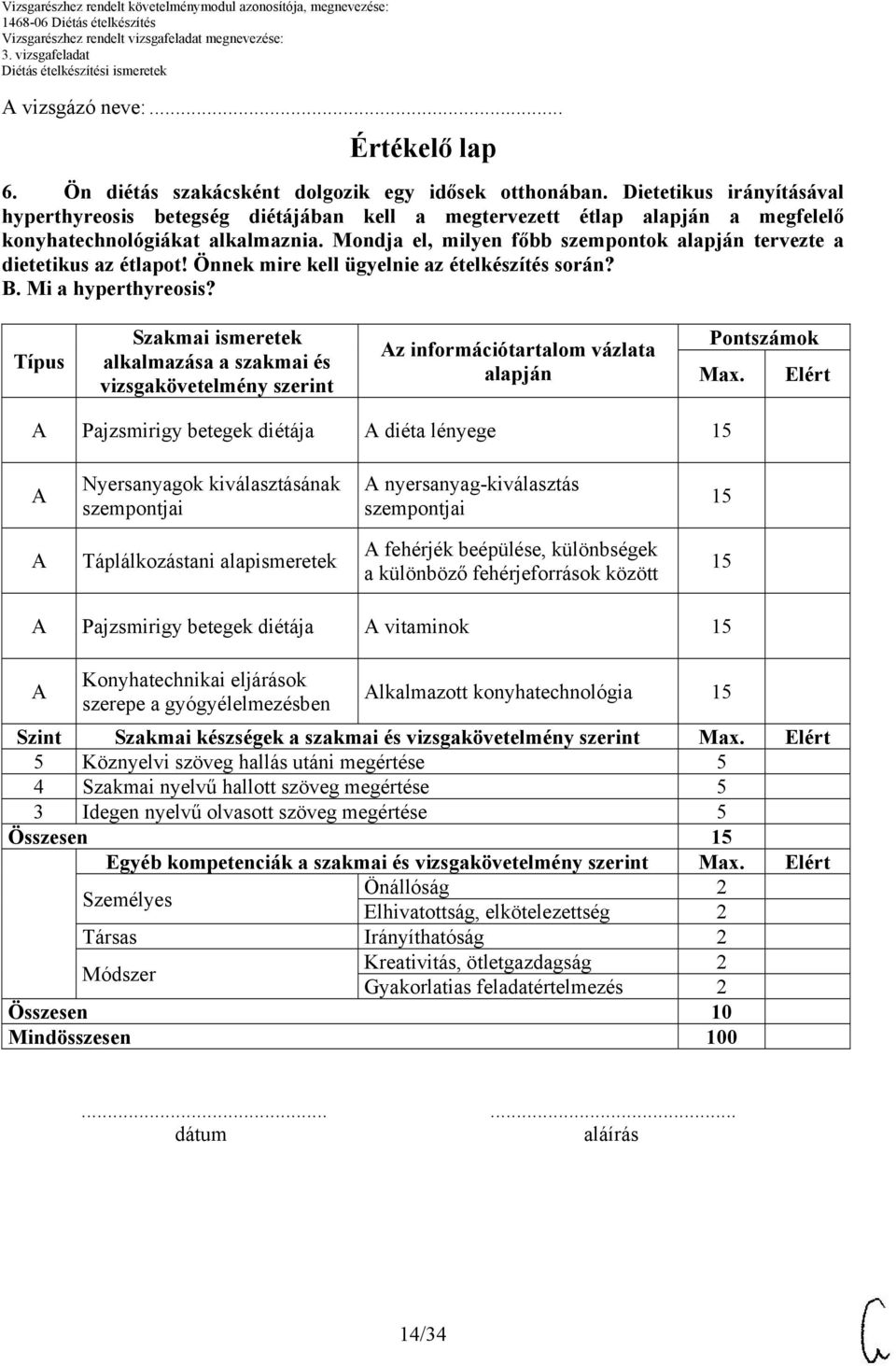 Mondja el, milyen főbb szempontok alapján tervezte a dietetikus az étlapot! Önnek mire kell ügyelnie az ételkészítés során? B. Mi a hyperthyreosis?