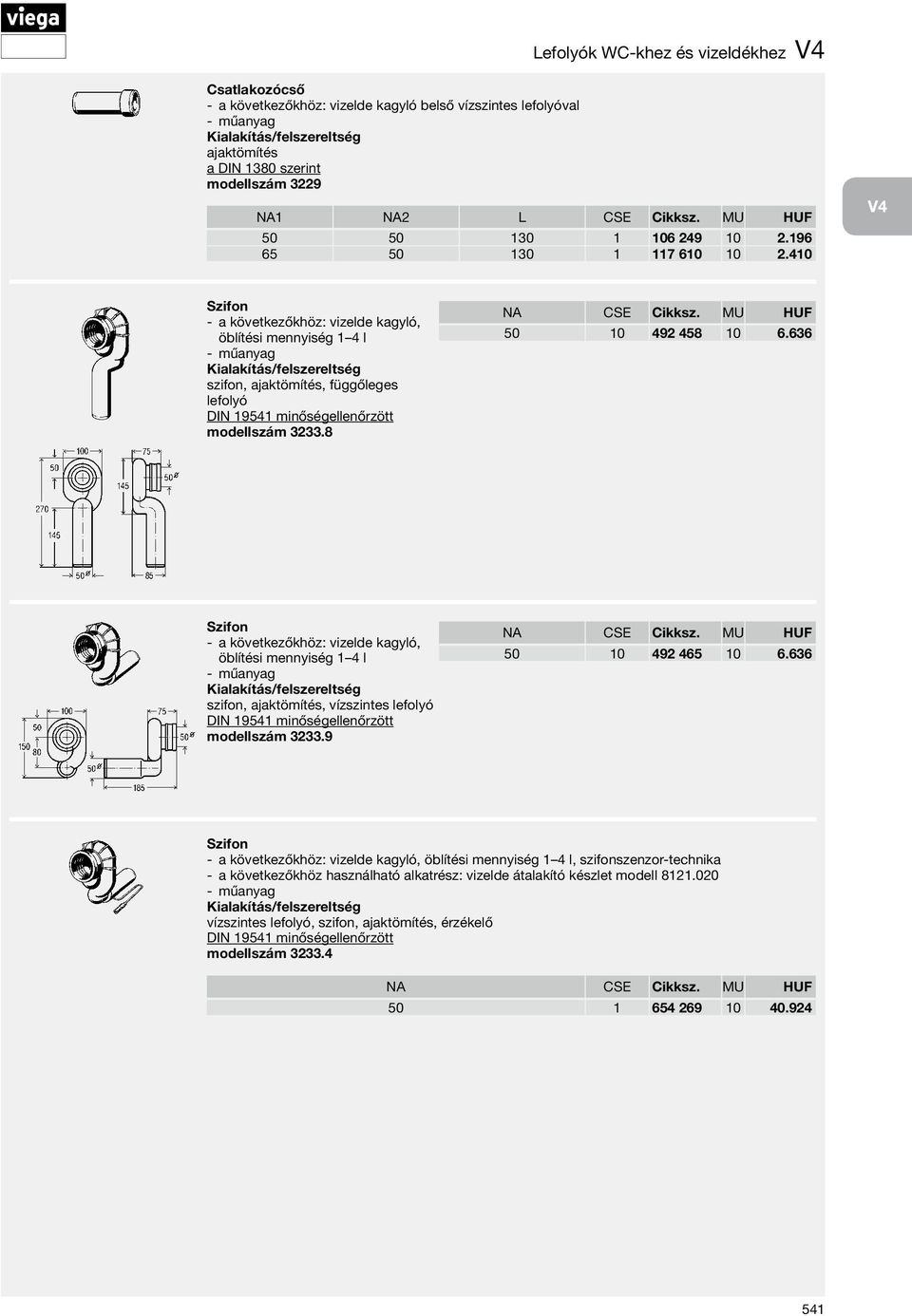 410 V4 Szifon a következőkhöz: vizelde kagyló, öblítési mennyiség 1 4 l szifon, ajaktömítés, függőleges lefolyó din 19541 minőségellenőrzött modellszám 3233.8 NA CSE Cikksz. MU HUF 50 10 492 458 10 6.