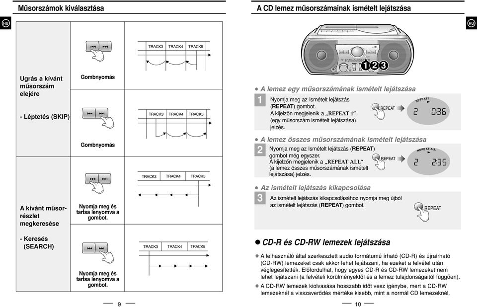 l A lemez egy mûsorszámának ismételt lejátszása Gombnyomás TRACK TRACK TRACK5 l A lemez összes mûsorszámának ismételt lejátszása Nyomja meg az Ismételt lejátszás () gombot még egyszer.