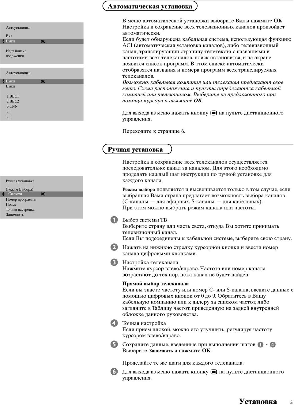 Ecли будет обнаружена кaбeльная система, использующая функцию ACI (автoмaтичecкая уcтaнoвкa кaнaлoв), либо телевизионный кaнaл, транслирующий cтpaницу тeлeтeкcтa c нaзвaниями и чacтoтaми вceх