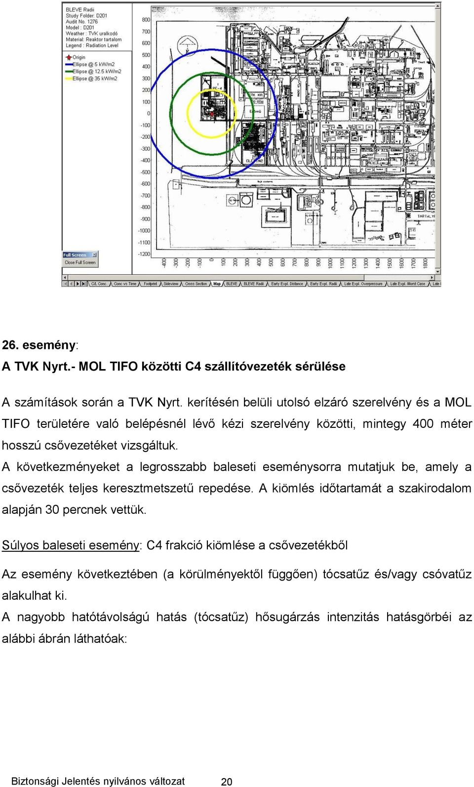 A következményeket a legrosszabb baleseti eseménysorra mutatjuk be, amely a csővezeték teljes keresztmetszetű repedése. A kiömlés időtartamát a szakirodalom alapján 30 percnek vettük.