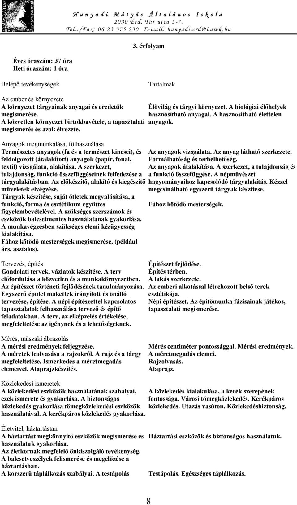 Anyagok megmunkálása, fölhasználása Természetes anyagok (fa és a természet kincsei), és feldolgozott (átalakított) anyagok (papír, fonal, textil) vizsgálata, alakítása.