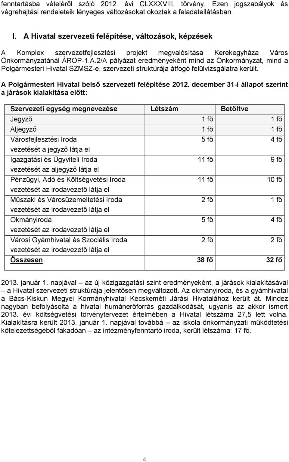 A Polgármesteri Hivatal belső szervezeti felépítése 2012.