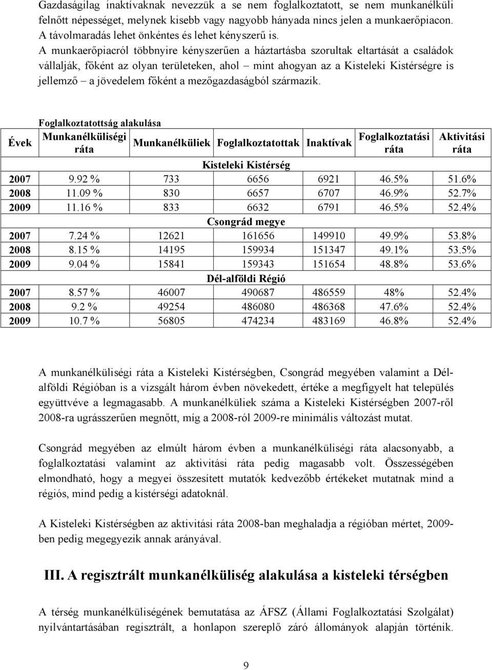 A munkaerıpiacról többnyire kényszerően a háztartásba szorultak eltartását a családok vállalják, fıként az olyan területeken, ahol mint ahogyan az a Kisteleki Kistérségre is jellemzı a jövedelem