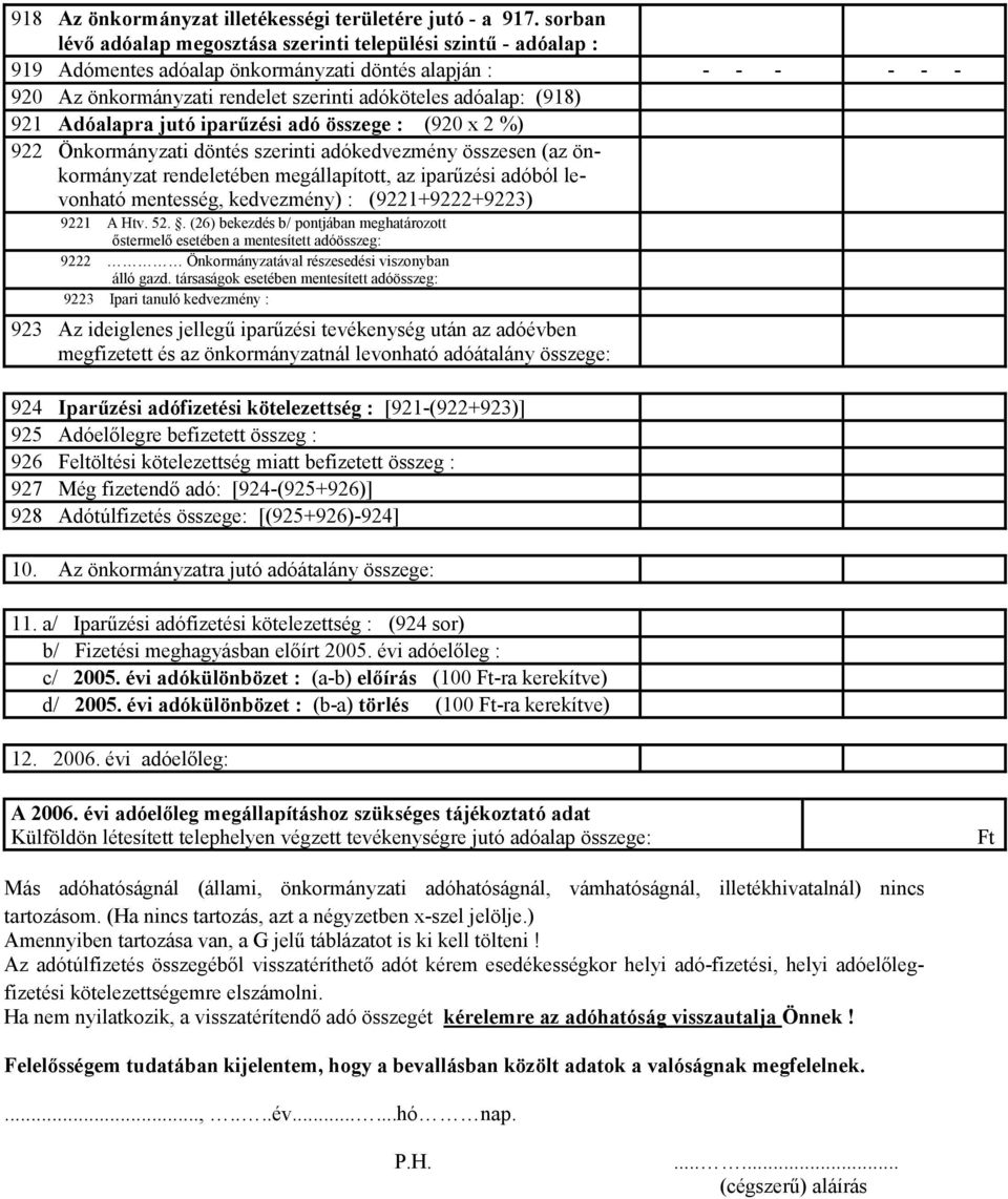 921 Adóalapra jutó iparőzési adó összege : (920 x 2 %) 922 Önkormányzati döntés szerinti adókedvezmény összesen (az önkormányzat rendeletében megállapított, az iparőzési adóból levonható mentesség,