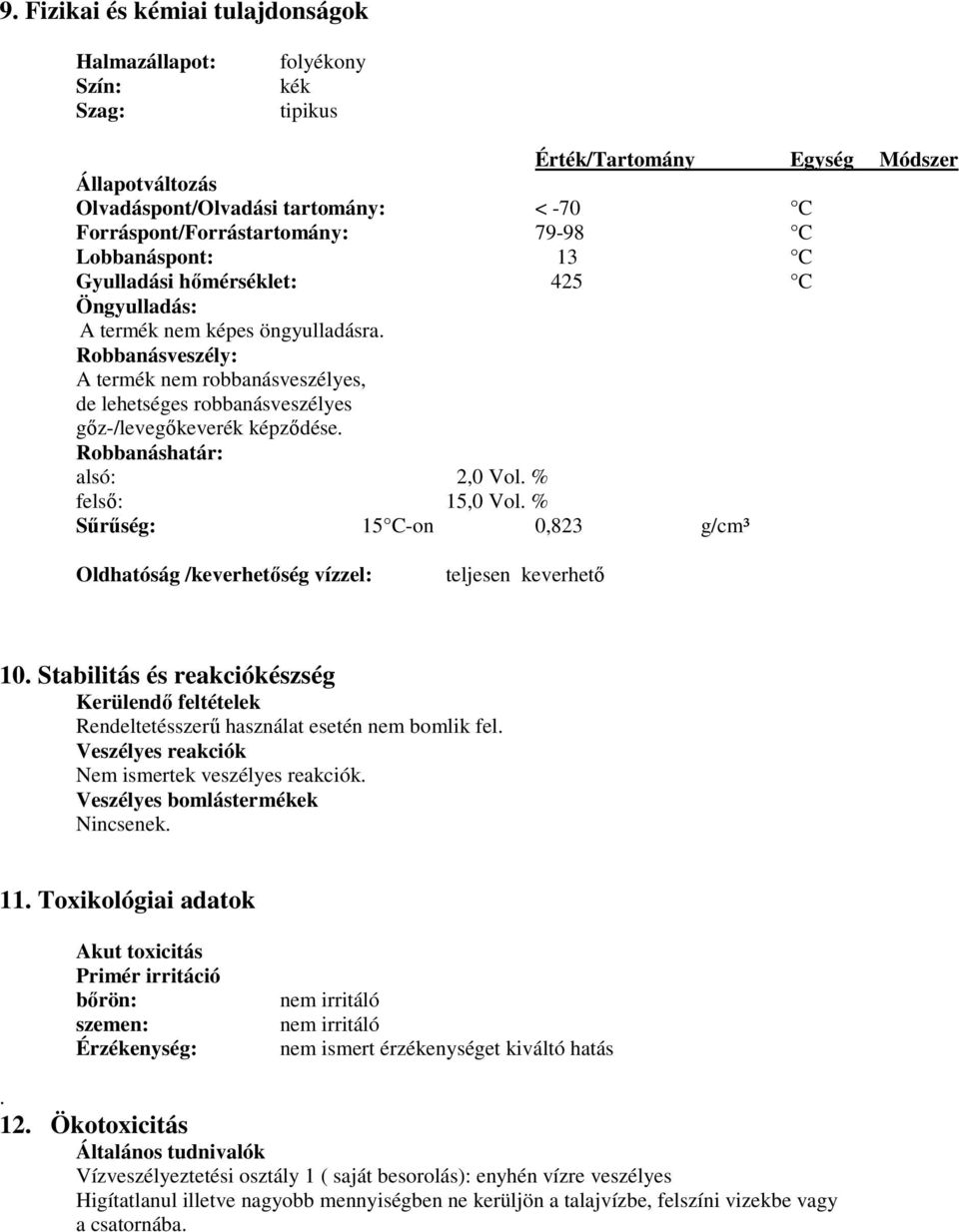 Robbanásveszély: A termék nem robbanásveszélyes, de lehetséges robbanásveszélyes gőz-/levegőkeverék képződése. Robbanáshatár: alsó: 2,0 Vol. % felső: 15,0 Vol.