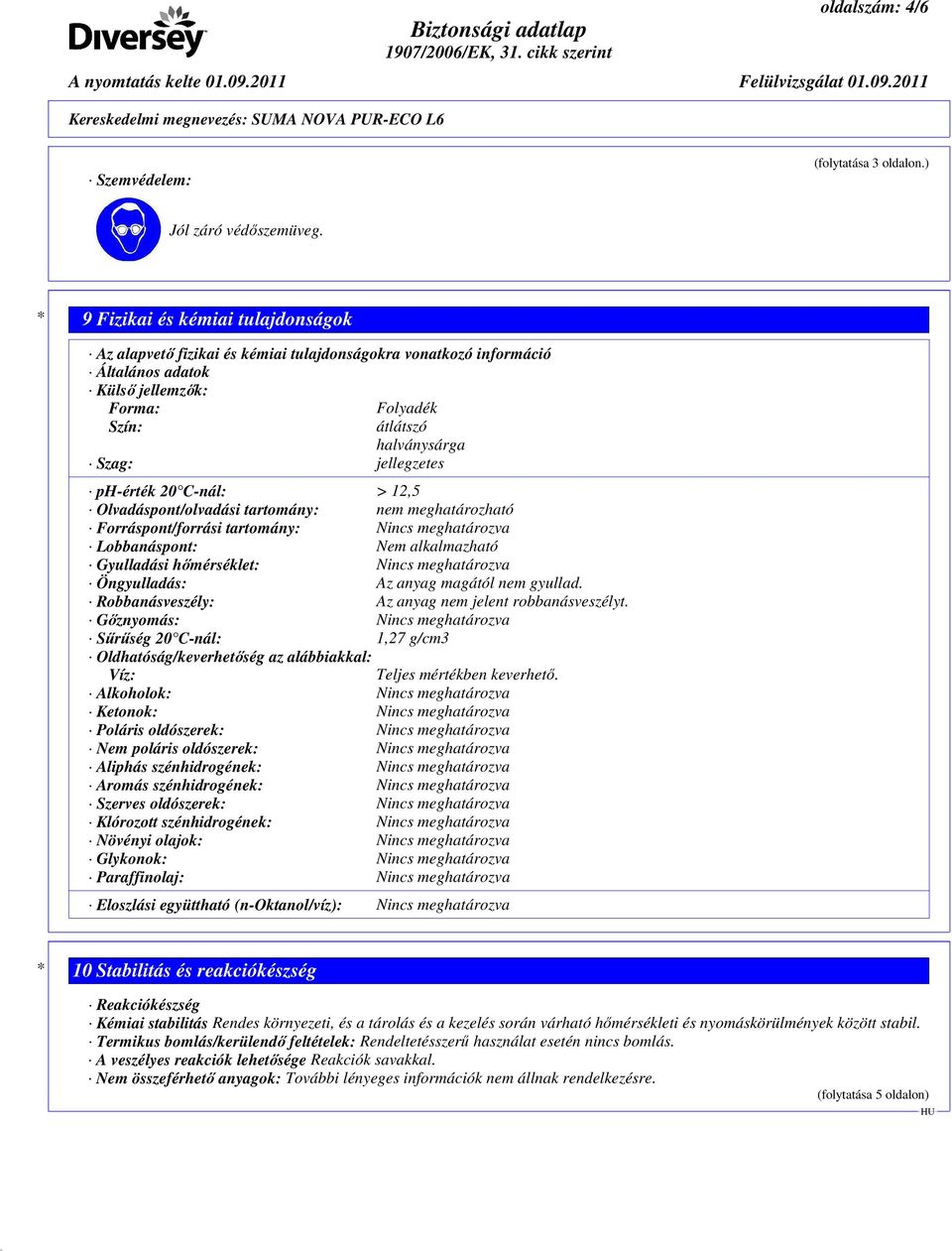 ph-érték 20 C-nál: > 12,5 Olvadáspont/olvadási tartomány: nem meghatározható Forráspont/forrási tartomány: Nincs meghatározva Lobbanáspont: Nem alkalmazható Gyulladási hımérséklet: Nincs meghatározva