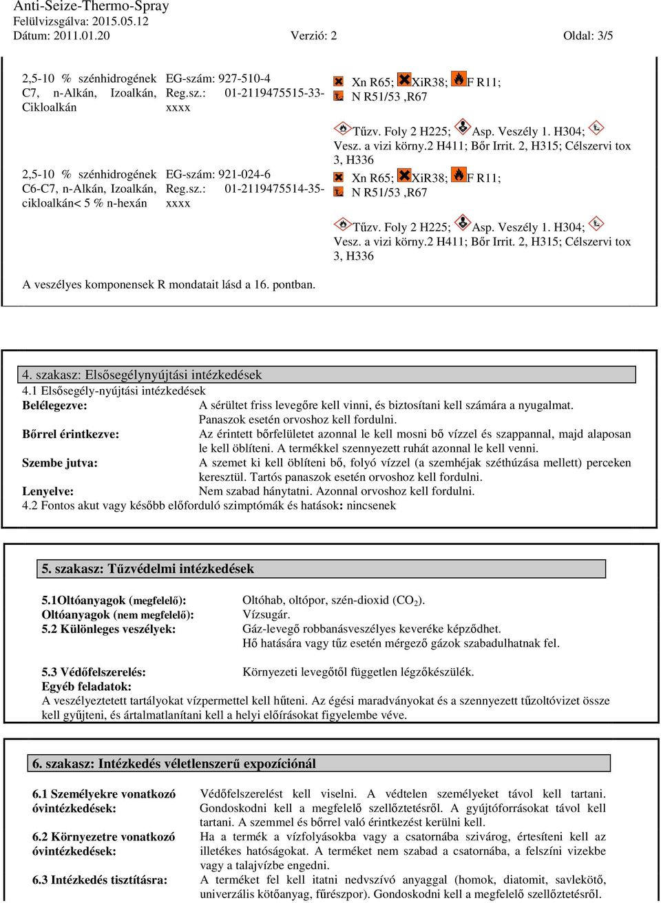 m: 927-510-4 Reg.sz.: 01-2119475515-33- xxxx Xn R65; XiR38; F R11; N R51/53,R67 2,5-10 % szénhidrogének C6-C7, n-alkán, Izoalkán, cikloalkán< 5 % n-hexán EG-szám: 921-024-6 Reg.sz.: 01-2119475514-35- xxxx A veszélyes komponensek R mondatait lásd a 16.