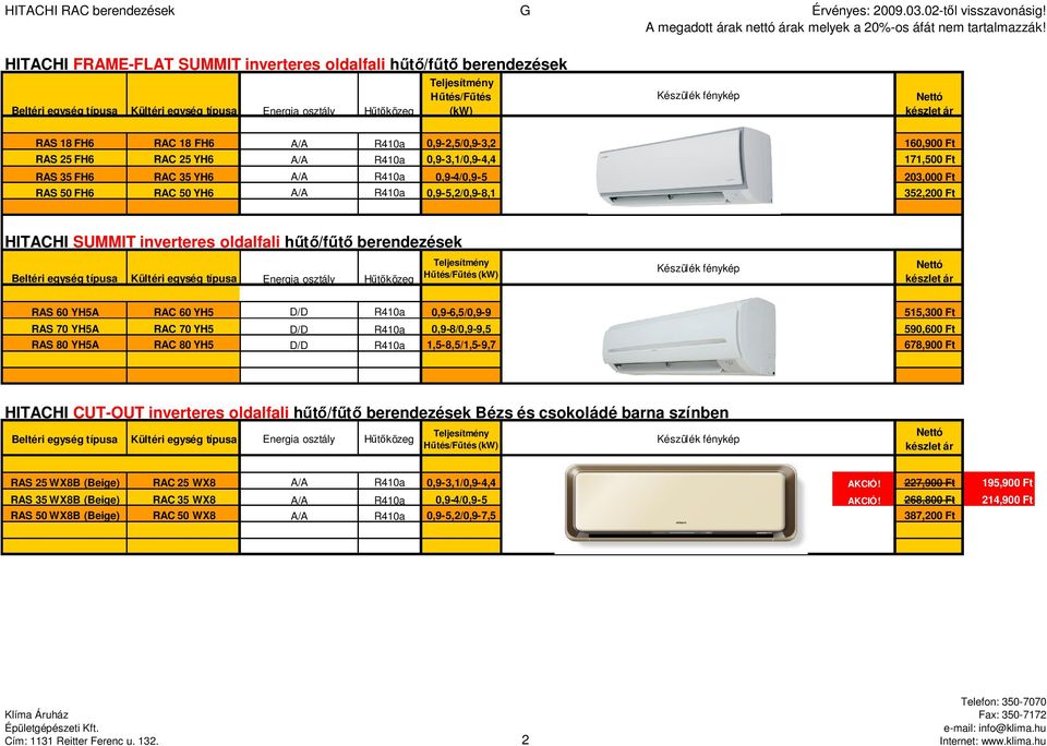 60 YH5 D/D R410a 0,9-6,5/0,9-9 515,300 Ft RAS 70 YH5A RAC 70 YH5 D/D R410a 0,9-8/0,9-9,5 590,600 Ft RAS 80 YH5A RAC 80 YH5 D/D R410a 1,5-8,5/1,5-9,7 678,900 Ft HITACHI CUT-OUT inverteres oldalfali