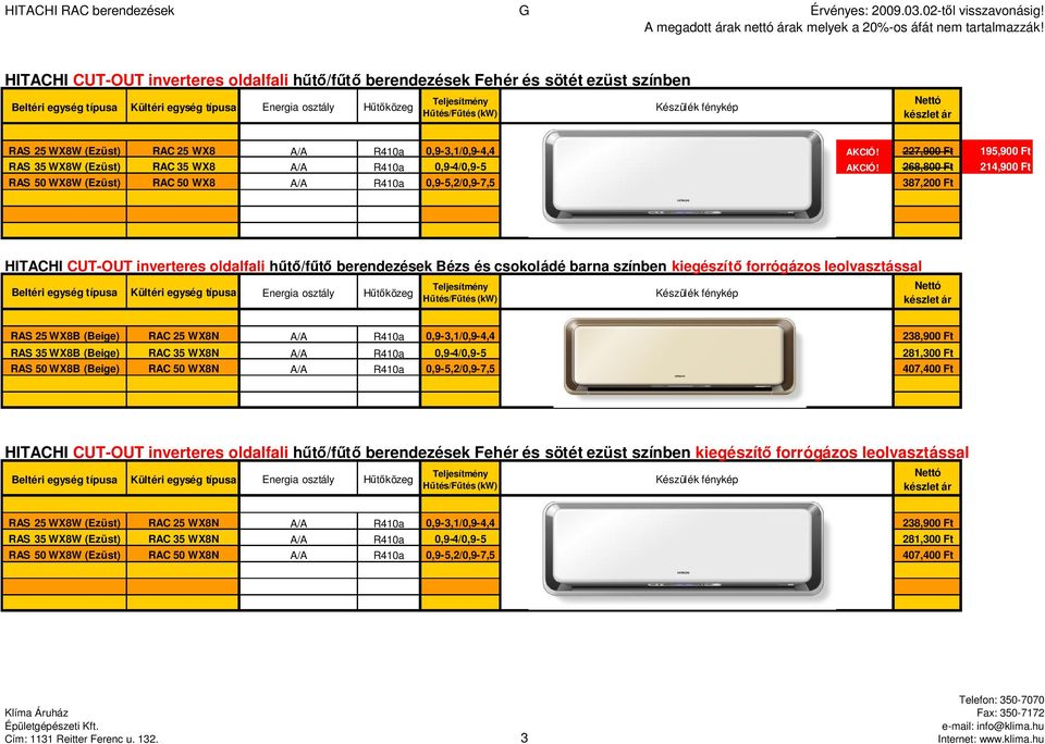 268,800 Ft 214,900 Ft RAS 50 WX8W (Ezüst) RAC 50 WX8 A/A R410a 0,9-5,2/0,9-7,5 387,200 Ft HITACHI CUT-OUT inverteres oldalfali hűtő/fűtő berendezések Bézs és csokoládé barna színben kiegészítő