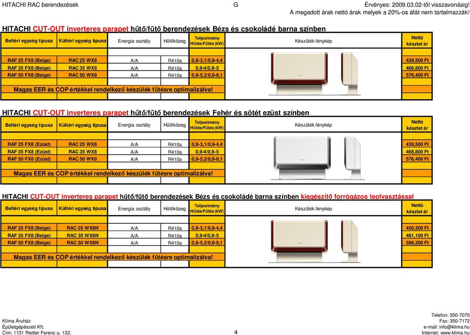 HITACHI CUT-OUT inverteres parapet hűtő/fűtő berendezések Fehér és sötét ezüst színben RAF 25 FX8 (Ezüst) RAC 25 WX8 A/A R410a 0,9-3,1/0,9-4,4 439,500 Ft RAF 35 FX8 (Ezüst) RAC 35 WX8 A/A R410a