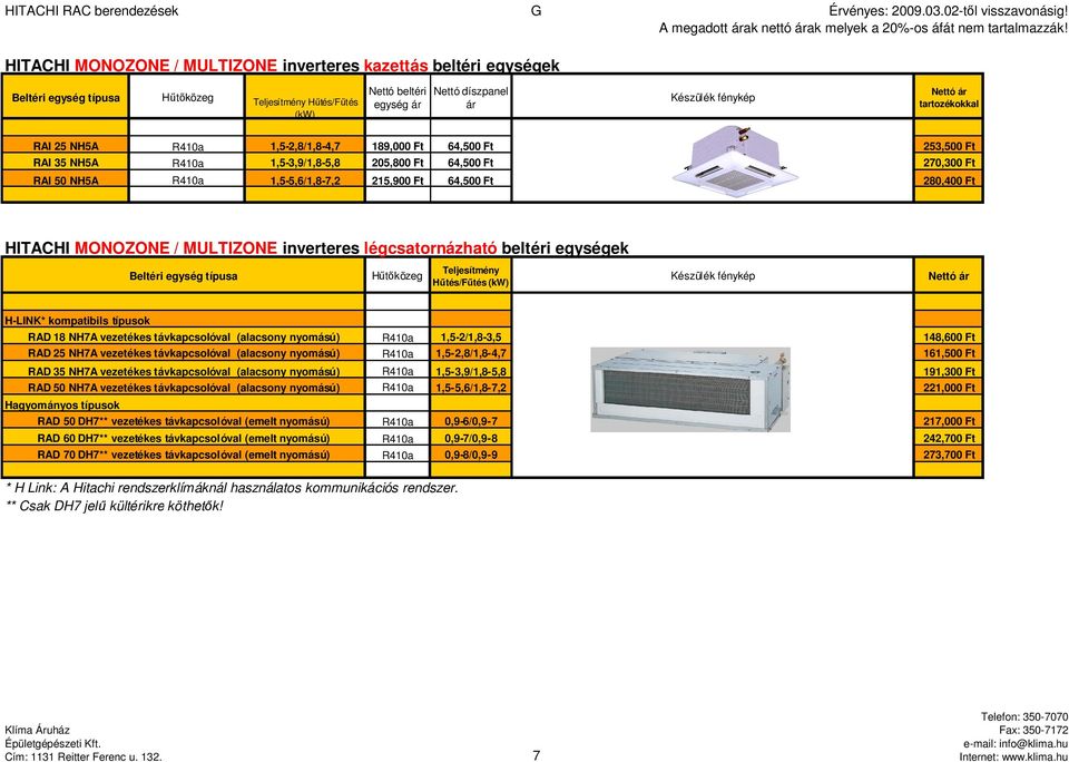 légcsatornázható beltéri egységek Beltéri egység típusa ár H-LINK* kompatibils típusok RAD 18 NH7A vezetékes távkapcsolóval (alacsony nyomású) R410a 1,5-2/1,8-3,5 148,600 Ft RAD 25 NH7A vezetékes