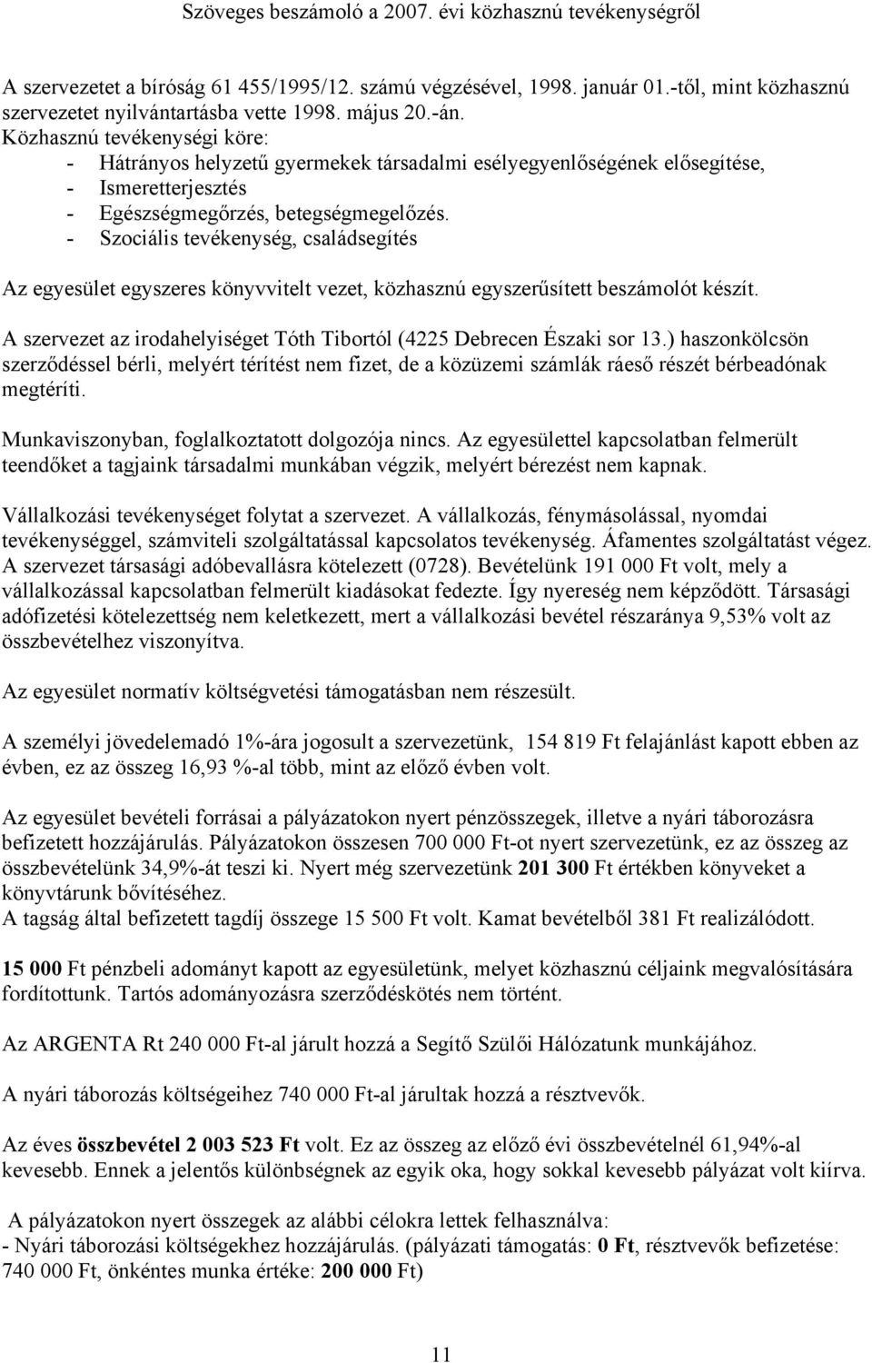 - Szociális tevékenység, családsegítés Az egyesület egyszeres könyvvitelt vezet, közhasznú egyszerűsített beszámolót készít. A szervezet az irodahelyiséget Tóth Tibortól (4225 Debrecen Északi sor 13.