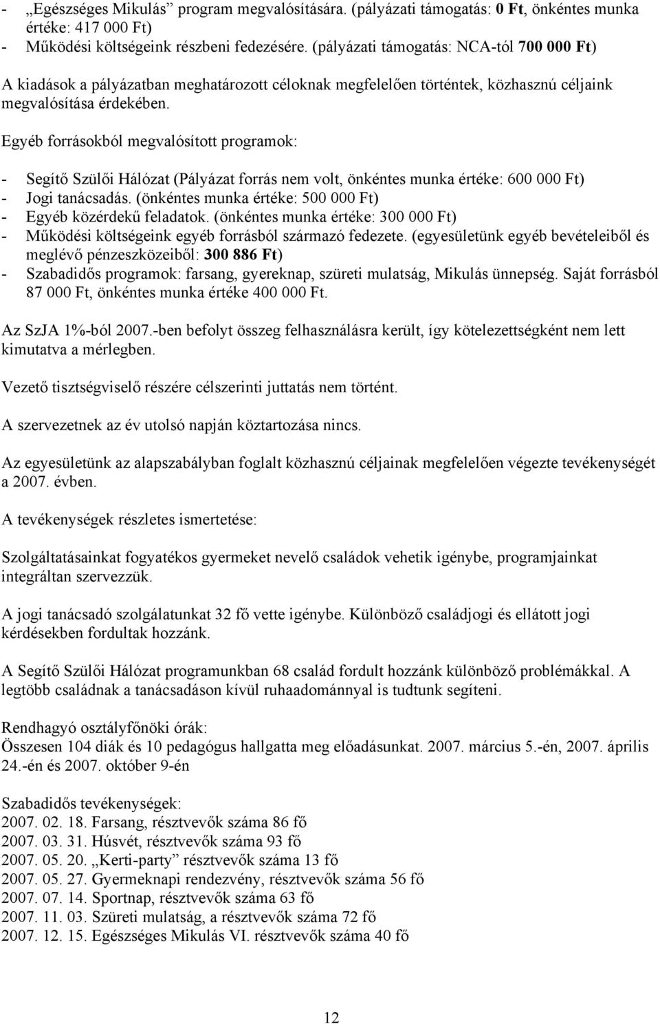 Egyéb forrásokból megvalósított programok: - Segítő Szülői Hálózat (Pályázat forrás nem volt, önkéntes munka értéke: 600 000 Ft) - Jogi tanácsadás.