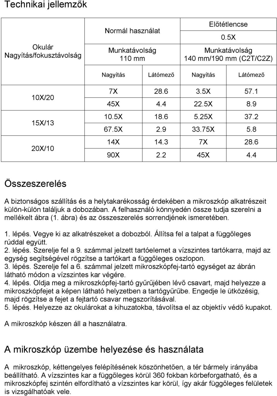 2 45X 4.4 Összeszerelés A biztonságos szállítás és a helytakarékosság érdekében a mikroszkóp alkatrészeit külön-külön találjuk a dobozában.