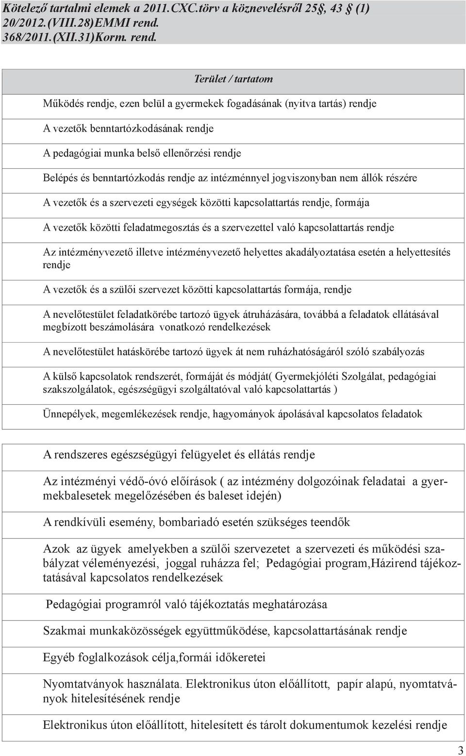 Terület / tartatom Működés rendje, ezen belül a gyermekek fogadásának (nyitva tartás) rendje A vezetők benntartózkodásának rendje A pedagógiai munka belső ellenőrzési rendje Belépés és