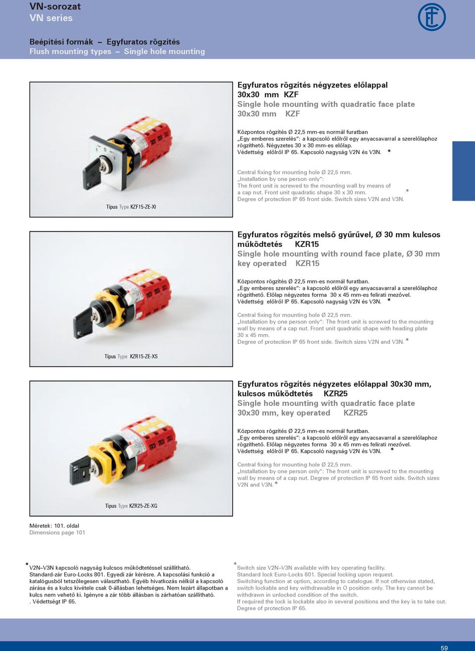 Kapcsoló nagyság és VN. Q Típus Type KZF-ZE-XI Central fixing for mounting hole Ø, mm. Installation by one person only : The front unit is screwed to the mounting wall by means of Q a cap nut.
