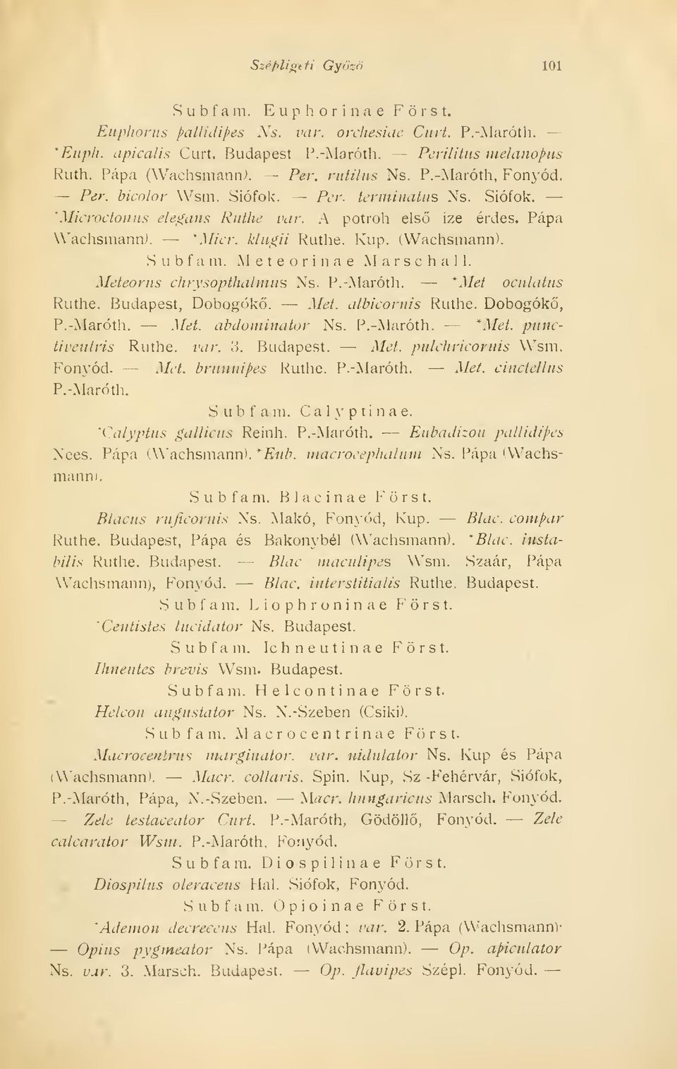 kliígii Ruthe. Kup. (Wachsmann)..S II b f a in. M e t e o r i n a e M a r s c h a 1 1. Meteoviis chrysoptha/miis Ns. P.-Maróth. *Mei ocnlatus Ruthe. Budapest, Dobogók. Met. albiconiis Ruthe.