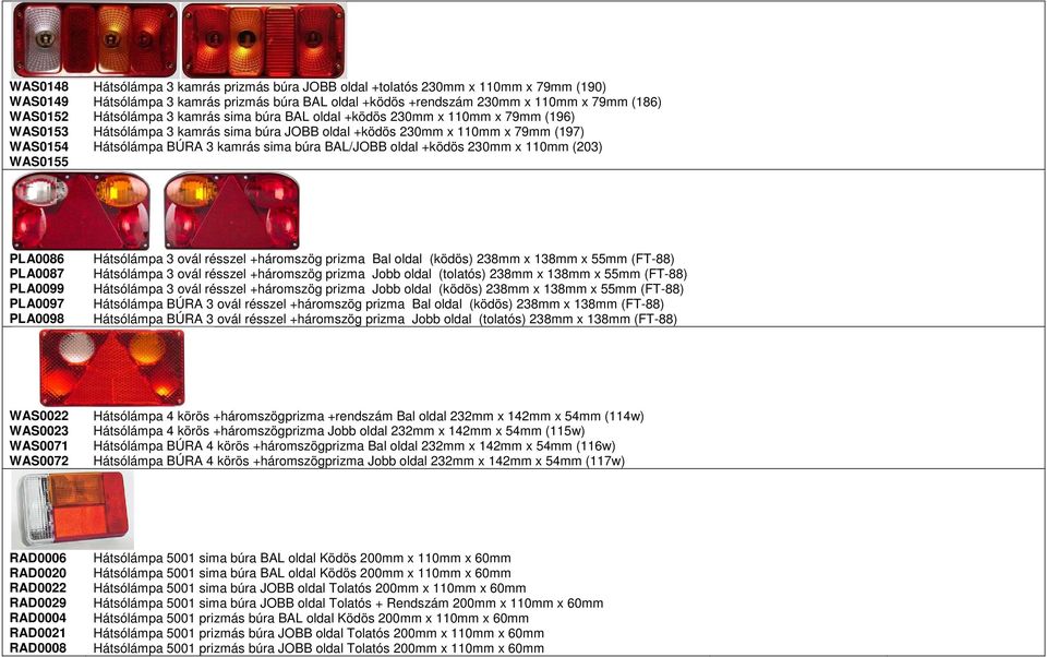 BAL/JOBB oldal +ködös 230mm x 110mm (203) WAS0155 PLA0086 Hátsólámpa 3 ovál résszel +háromszög prizma Bal oldal (ködös) 238mm x 138mm x 55mm (FT-88) PLA0087 Hátsólámpa 3 ovál résszel +háromszög