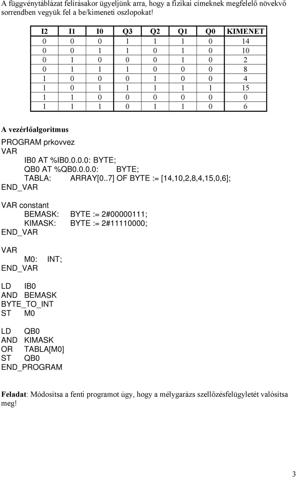 vezérlőalgoritmus PROGRAM prkovvez VAR IB0 AT %IB0.0.0.0: BYTE; QB0 AT %QB0.0.0.0: BYTE; TABLA: ARRAY[0.