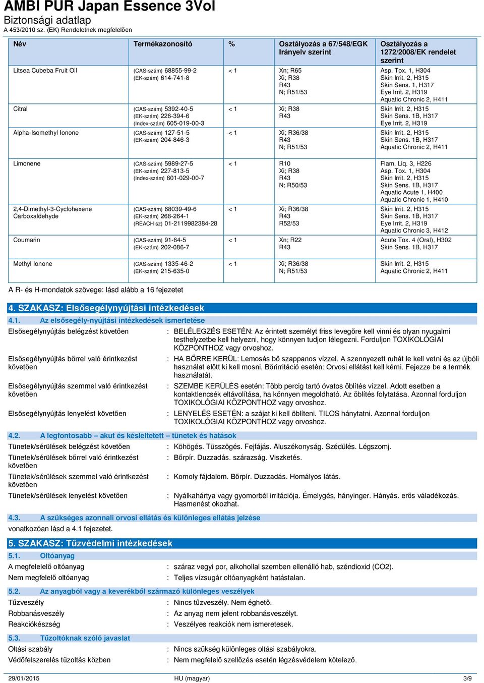 1, H317 Limonene (CAS-szám) 5989-27-5 (EK-szám) 227-813-5 (Index-szám) 601-029-00-7 2,4-Dimethyl-3-Cyclohexene Carboxaldehyde (CAS-szám) 68039-49-6 (EK-szám) 268-264-1 (REACH sz) 01-2119982384-28