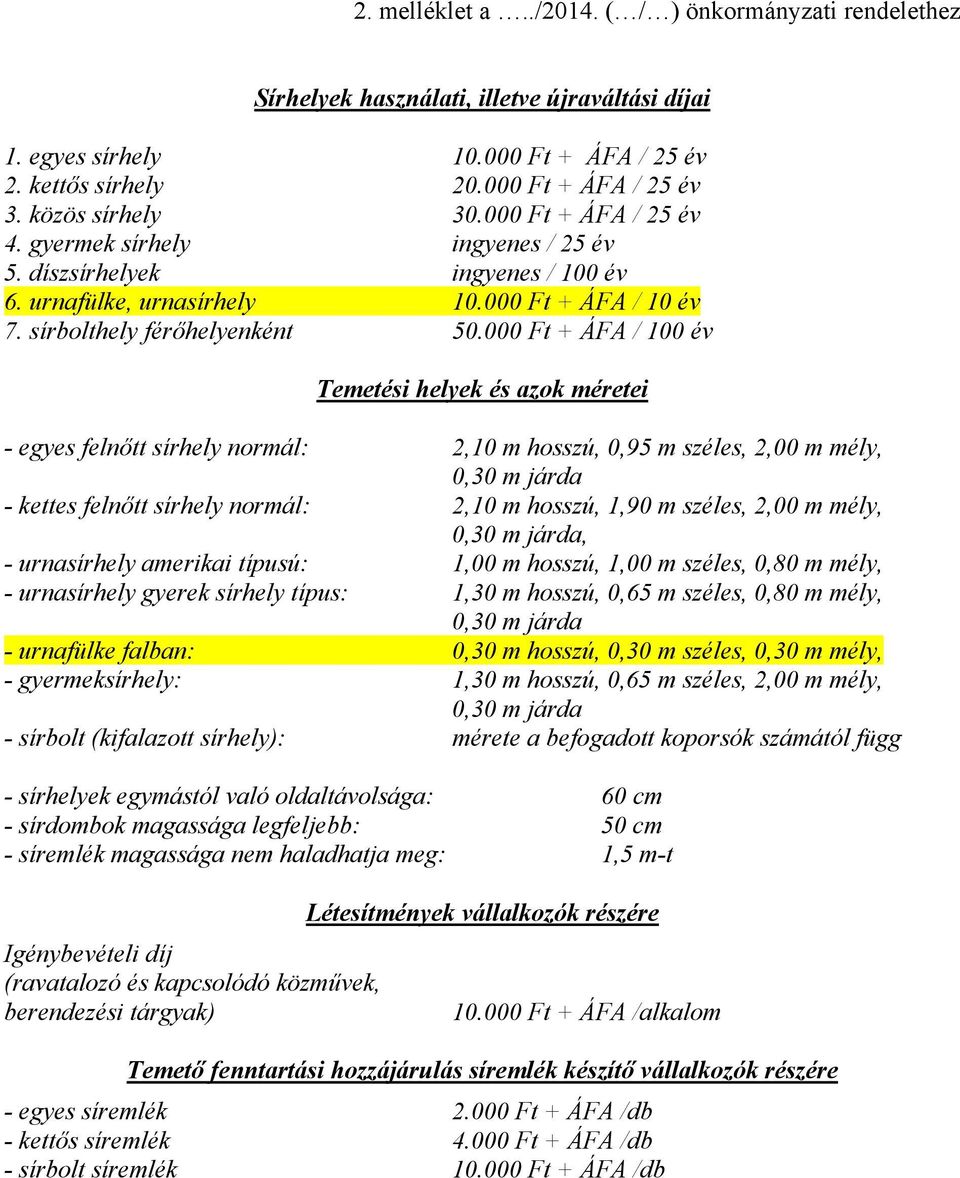 000 Ft + ÁFA / 100 év Temetési helyek és azok méretei - egyes felnőtt sírhely normál: 2,10 m hosszú, 0,95 m széles, 2,00 m mély, 0,30 m járda - kettes felnőtt sírhely normál: 2,10 m hosszú, 1,90 m