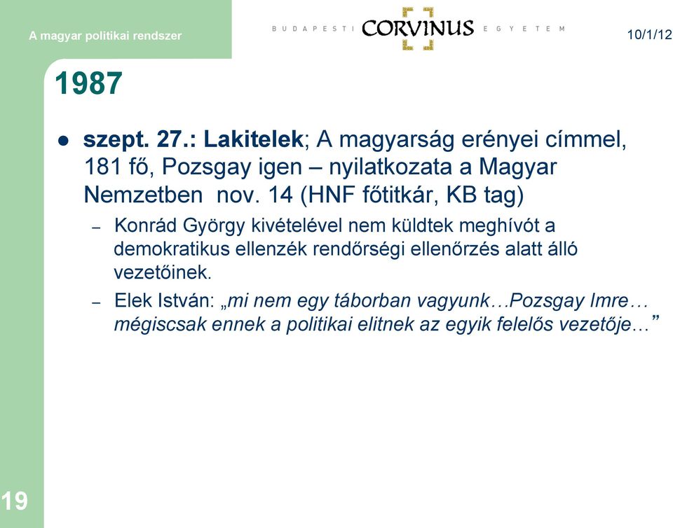 nov. 14 (HNF főtitkár, KB tag) Konrád György kivételével nem küldtek meghívót a demokratikus