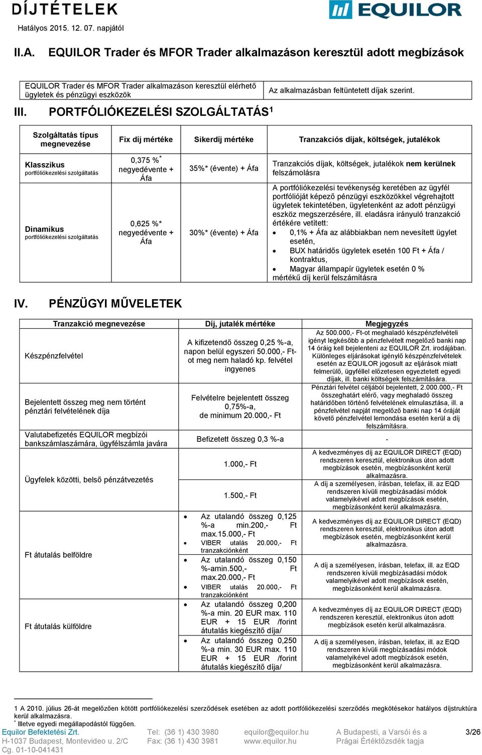 Szolgáltatás típus megnevezése Fix díj mértéke Sikerdíj mértéke Tranzakciós díjak, költségek, ok Klasszikus portfóliókezelési szolgáltatás Dinamikus portfóliókezelési szolgáltatás 0,375 % *