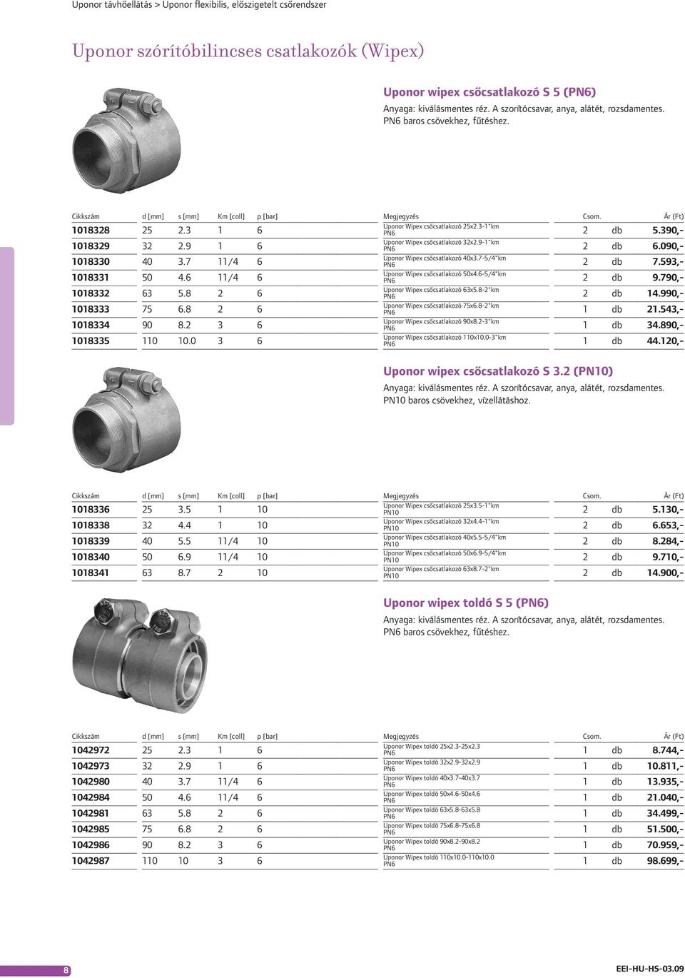 3-1"km PN6 2 db 5.390, 1018329 32 2.9 1 6 Uponor Wipex csőcsatlakozó 32x2.9-1"km PN6 2 db 6.090, 1018330 40 3.7 11/4 6 Uponor Wipex csőcsatlakozó 40x3.7-5/4"km PN6 2 db 7.593, 1018331 50 4.