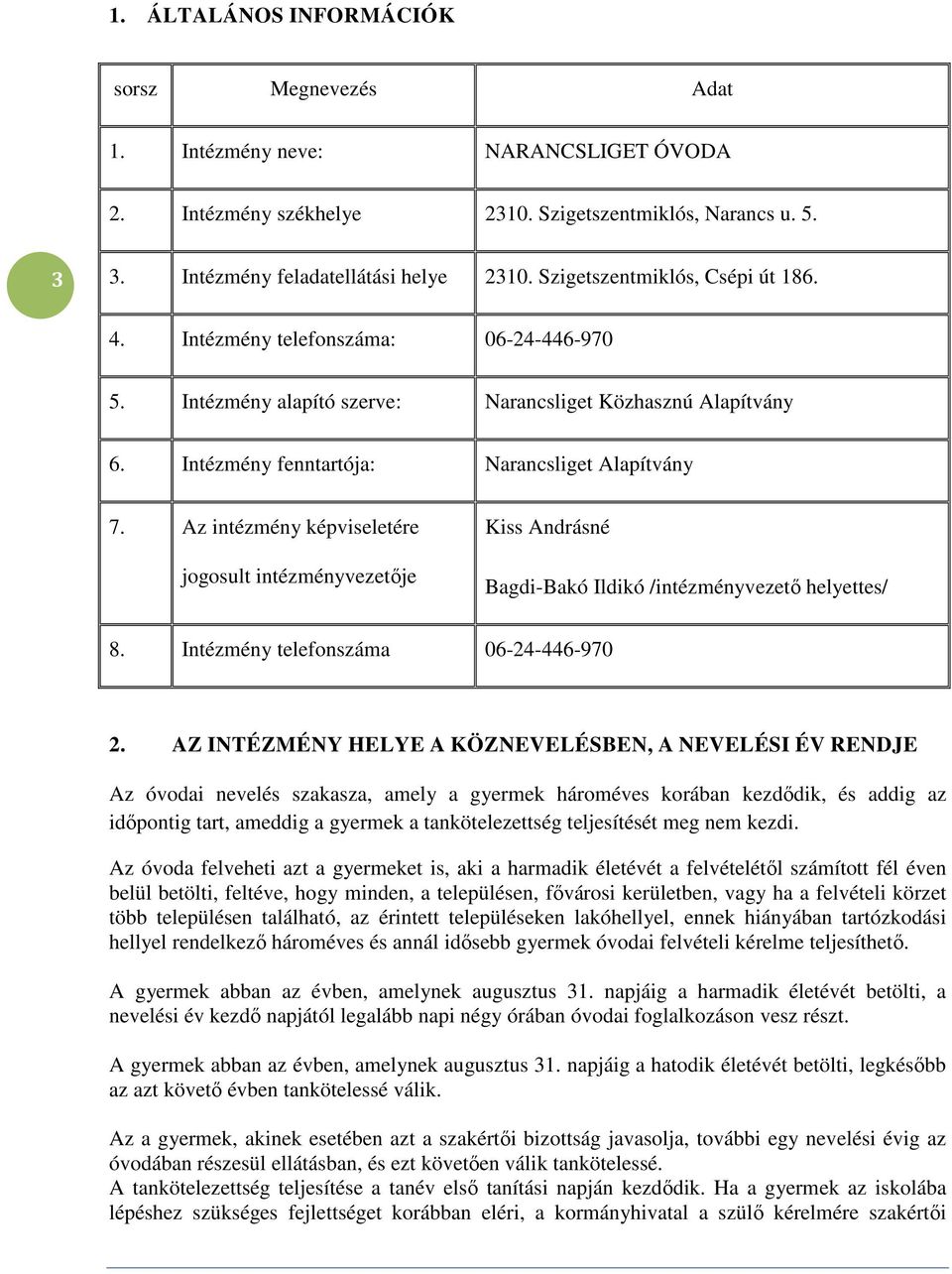 Az intézmény képviseletére jogosult intézményvezetője Kiss Andrásné Bagdi-Bakó Ildikó /intézményvezető helyettes/ 8. Intézmény telefonszáma 06-24-446-970 2.