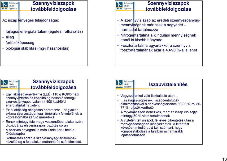 Foszfortartalma ugyanakkor a szennyvíz foszfortartalmának akár a 40-90 %-a is lehet Szennyvíziszapok továbbfeldolgozása Iszapvíztelenítés Egy lakosegyenértéknyi (LEÉ) 110 g KOI/fő napi