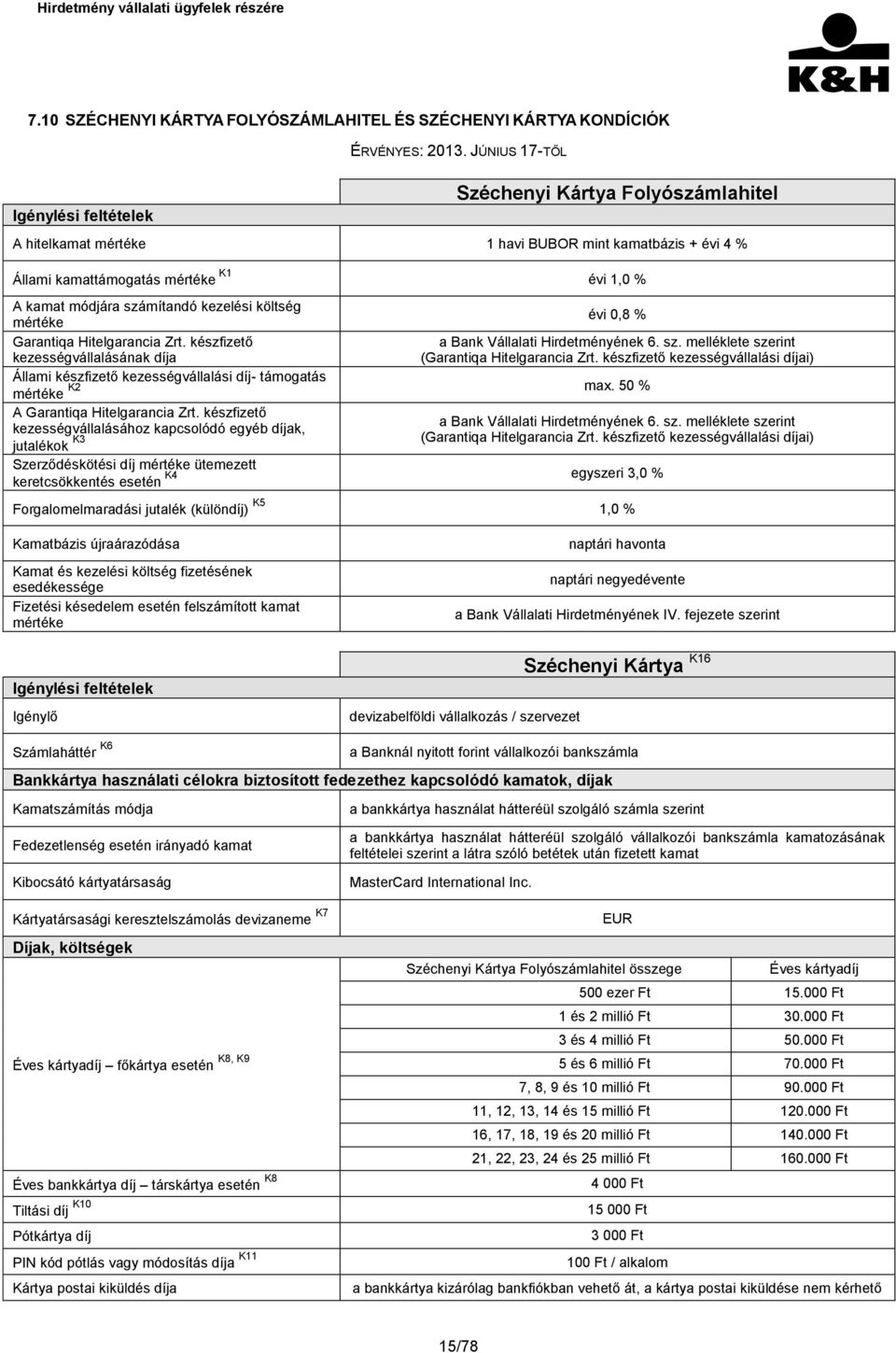 kezelési költség mértéke évi 0,8 % Garantiqa Hitelgarancia Zrt. készfizető kezességvállalásának díja a Bank Vállalati Hirdetményének 6. sz. melléklete szerint (Garantiqa Hitelgarancia Zrt.