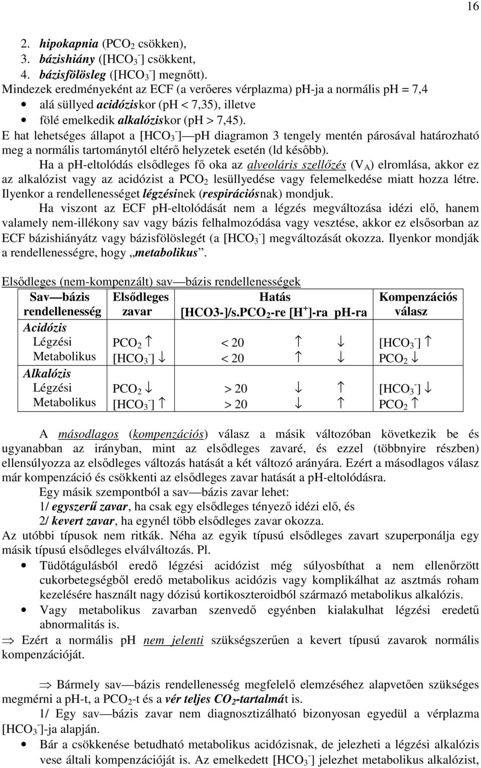 E hat lehetséges állapot a [HCO 3 - ] ph diagramon 3 tengely mentén párosával határozható meg a normális tartománytól eltérı helyzetek esetén (ld késıbb).