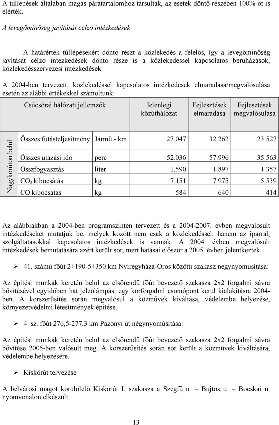 beruházások, közlekedésszervezési intézkedések.