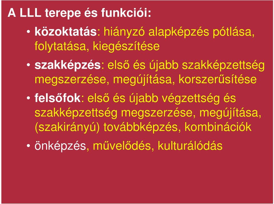 korszersítése felsfok: els és újabb végzettség és szakképzettség megszerzése,