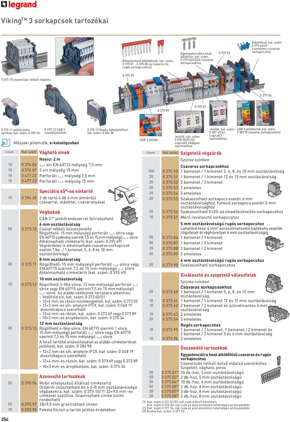 szám: 0 375 46/47 3 emeletes csavaros sorkapocshoz 0 375 10 csavarozás nélküli rögzítés 0 375 95 0 375 54 0 375 89 0 375 52 0 375 11 jelölőcímketartóval, kat.