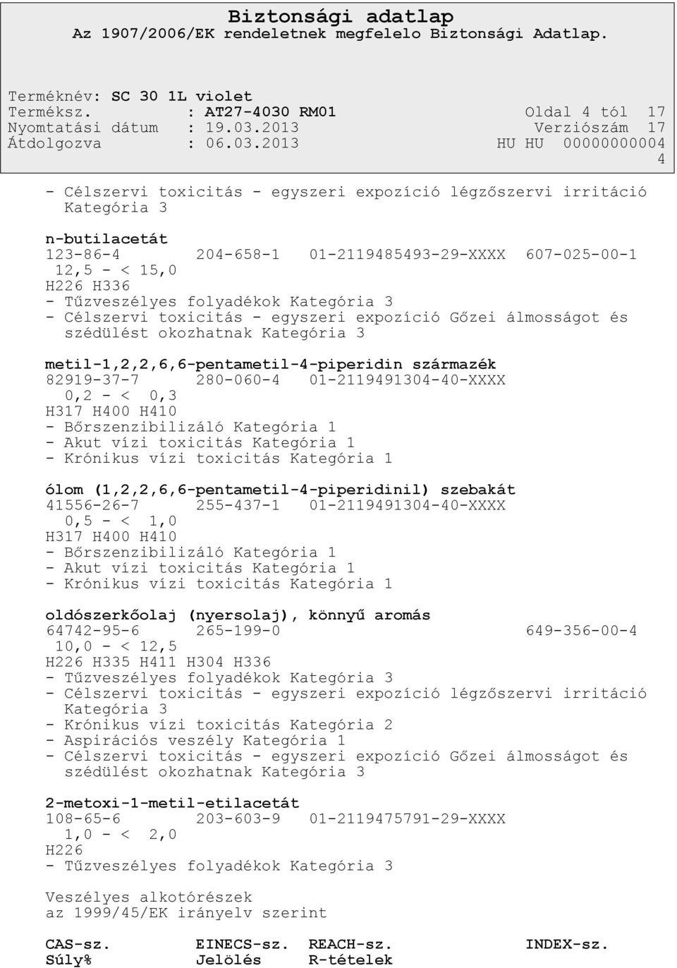 H336 - Tűzveszélyes folyadékok Kategória 3 - Célszervi toxicitás - egyszeri expozíció Gőzei álmosságot és szédülést okozhatnak Kategória 3 metil-1,2,2,6,6-pentametil-4-piperidin származék 82919-37-7
