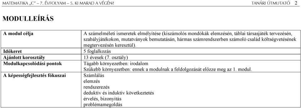 elmélyítése (kiszámolós mondókák elemzésén, táblai társasjáték tervezésén, szabályjátékokon, mutatványok bemutatásán, hármas számrendszerben számoló család