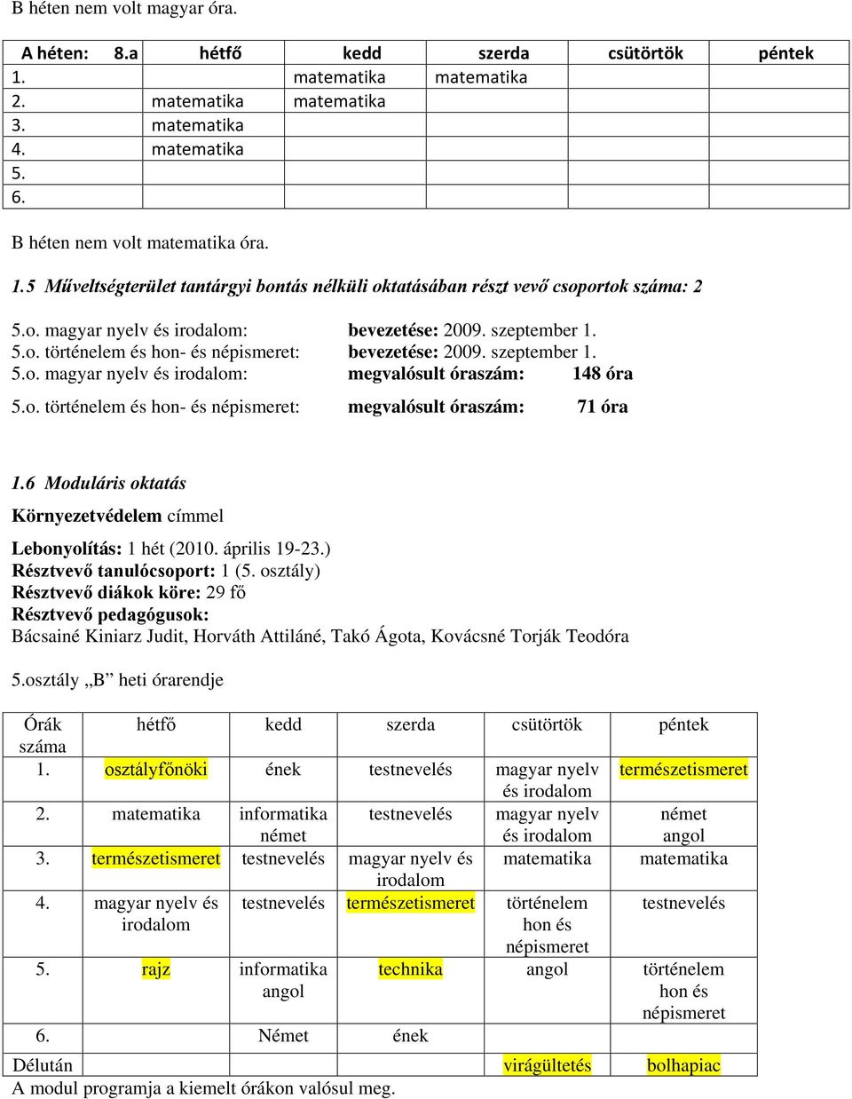 6 Moduláris oktatás Környezetvédelem címmel Lebonyolítás: 1 hét (2010. április 19-23.) Résztvevő tanulócsoport: 1 (5.