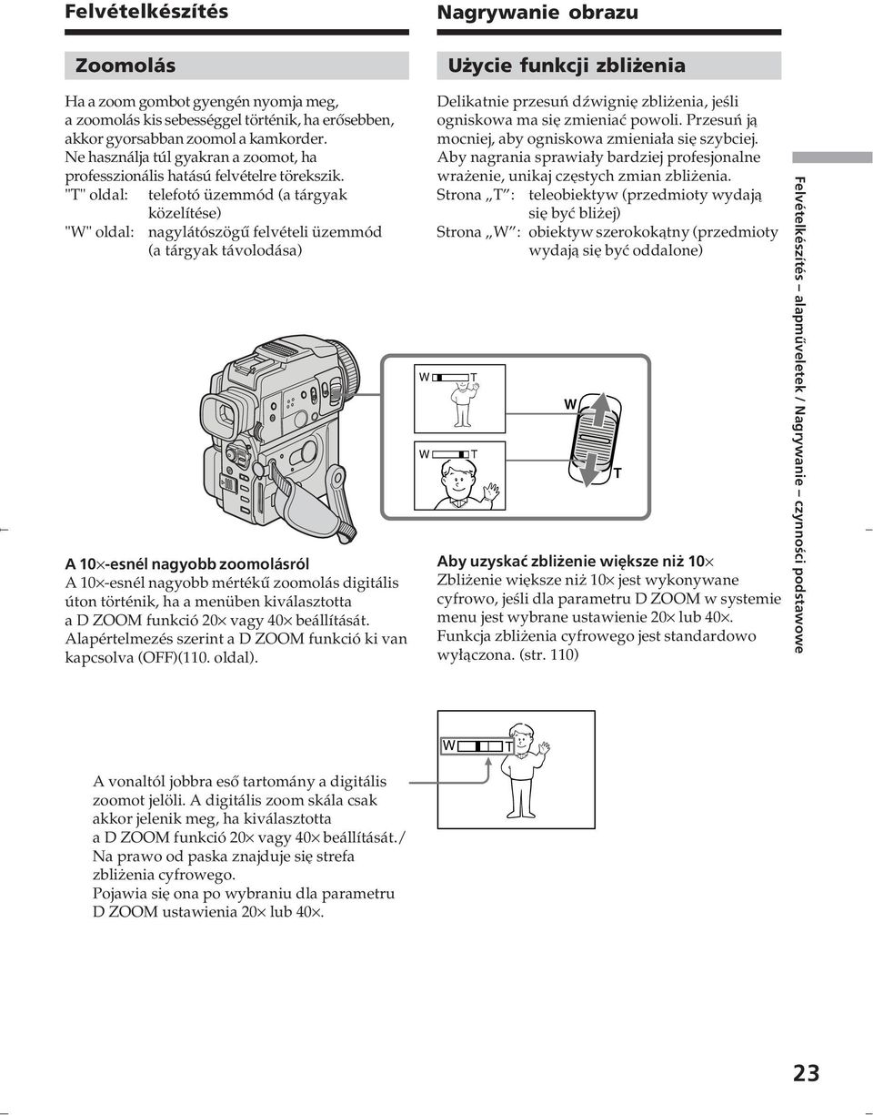 "T" oldal: telefotó üzemmód (a tárgyak közelítése) "W" oldal: nagylátószögű felvételi üzemmód (a tárgyak távolodása) A 10 -esnél nagyobb zoomolásról A 10 -esnél nagyobb mértékű zoomolás digitális