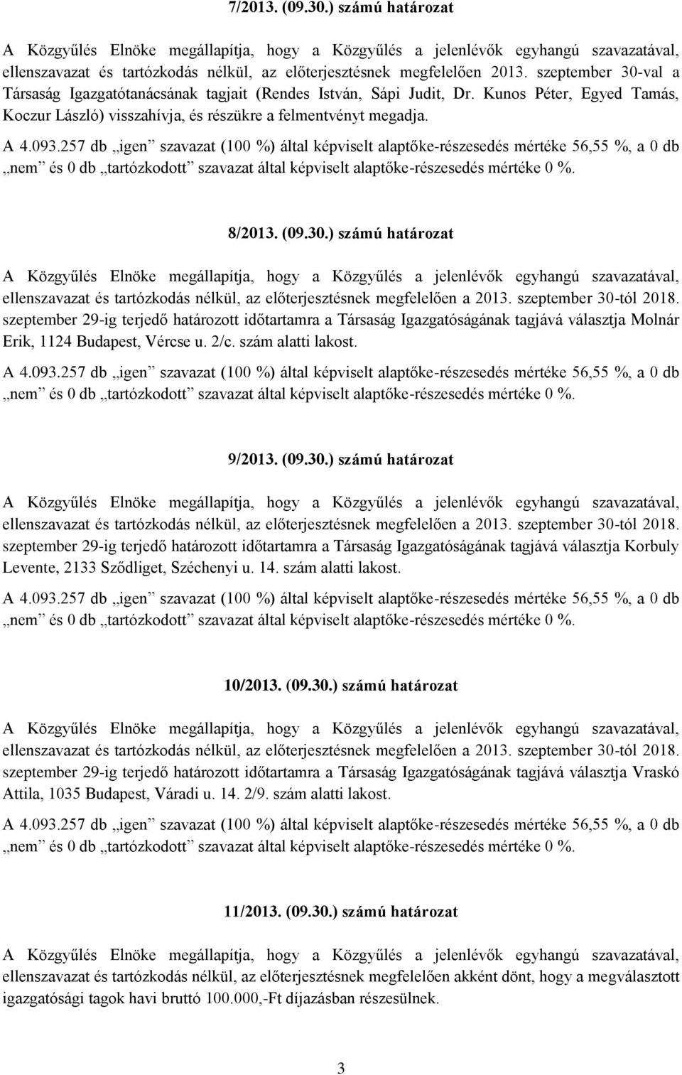 szeptember 30-tól 2018. szeptember 29-ig terjedő határozott időtartamra a Társaság Igazgatóságának tagjává választja Molnár Erik, 1124 Budapest, Vércse u. 2/c. szám alatti lakost. 9/2013. (09.30.) számú határozat ellenszavazat és tartózkodás nélkül, az előterjesztésnek megfelelően a 2013.