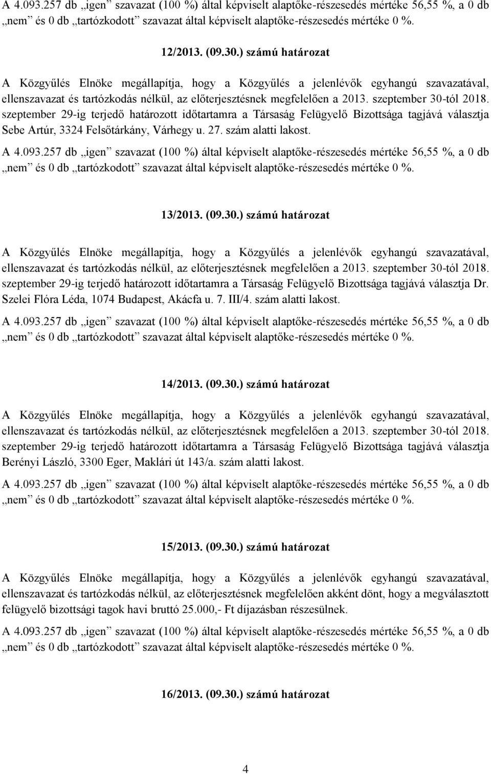 ) számú határozat ellenszavazat és tartózkodás nélkül, az előterjesztésnek megfelelően a 2013. szeptember 30-tól 2018.