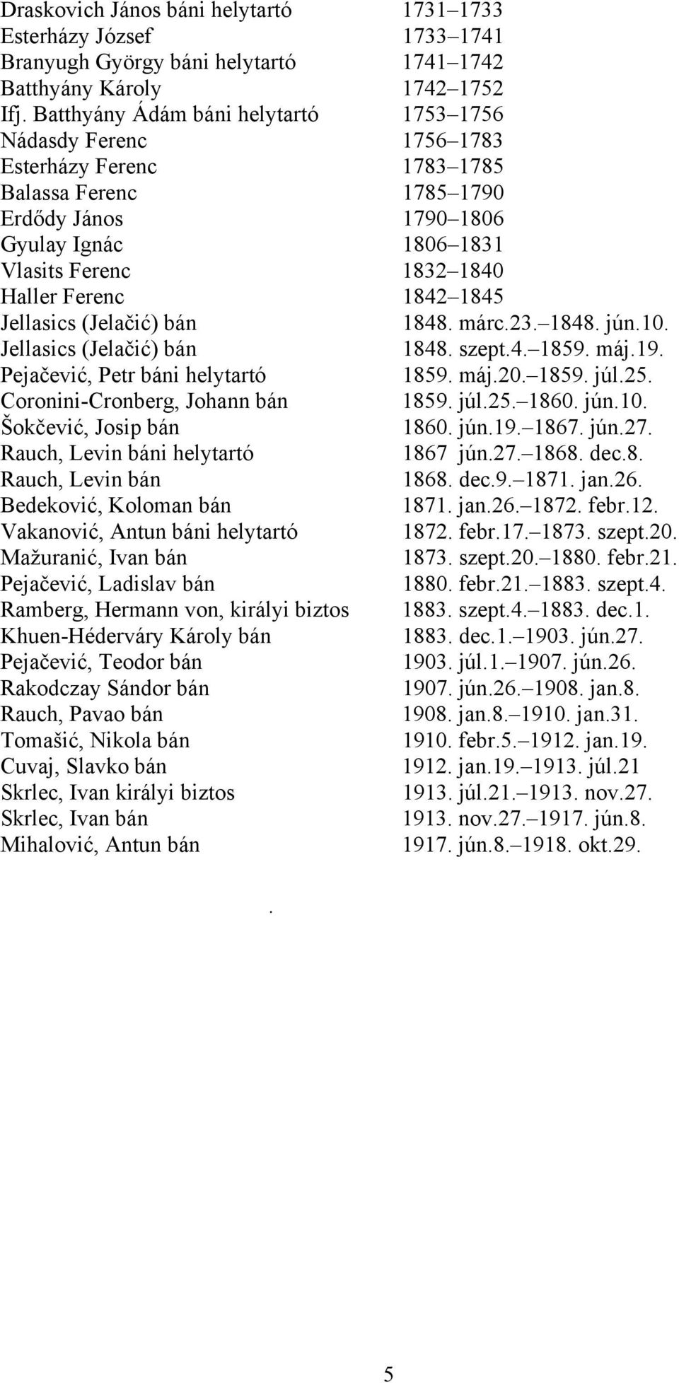Ferenc 1842 1845 Jellasics (Jelačić) bán 1848. márc.23. 1848. jún.10. Jellasics (Jelačić) bán 1848. szept.4. 1859. máj.19. Pejačević, Petr báni helytartó 1859. máj.20. 1859. júl.25.