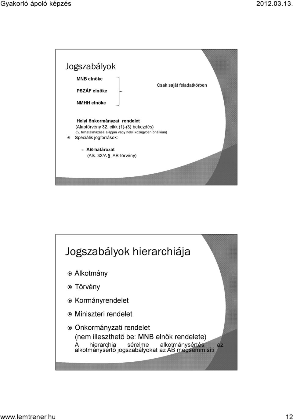 32/A, AB-törvény) Jogszabályok hierarchiája Alkotmány Törvény Kormányrendelet Miniszteri rendelet Önkormányzati rendelet (nem