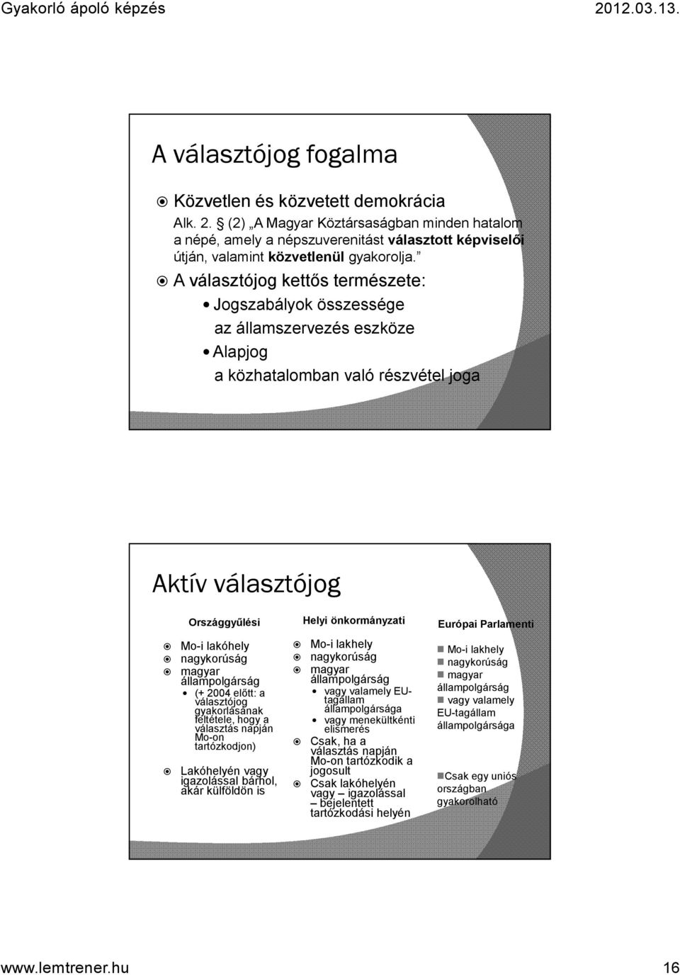 A választójog kettős természete: Jogszabályok összessége az államszervezés eszköze Alapjog a közhatalomban való részvétel joga Aktív választójog Országgyűlési Mo-i lakóhely nagykorúság magyar