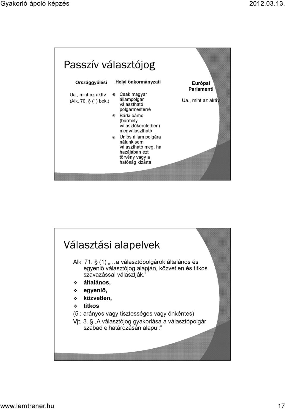 választható meg, ha hazájában ezt törvény vagy a hatóság kizárta Európai Parlamenti Ua., mint az aktív Választási alapelvek Alk. 71.