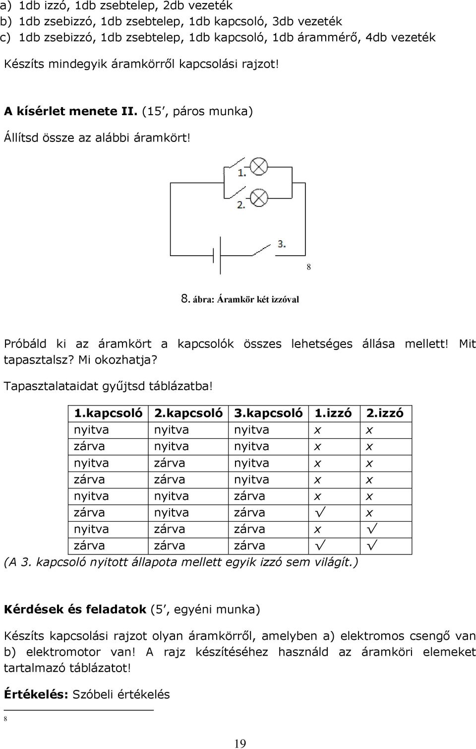 Mit tapasztalsz? Mi okozhatja? Tapasztalataidat gyűjtsd táblázatba! 1.kapcsoló 2.kapcsoló 3.kapcsoló 1.izzó 2.