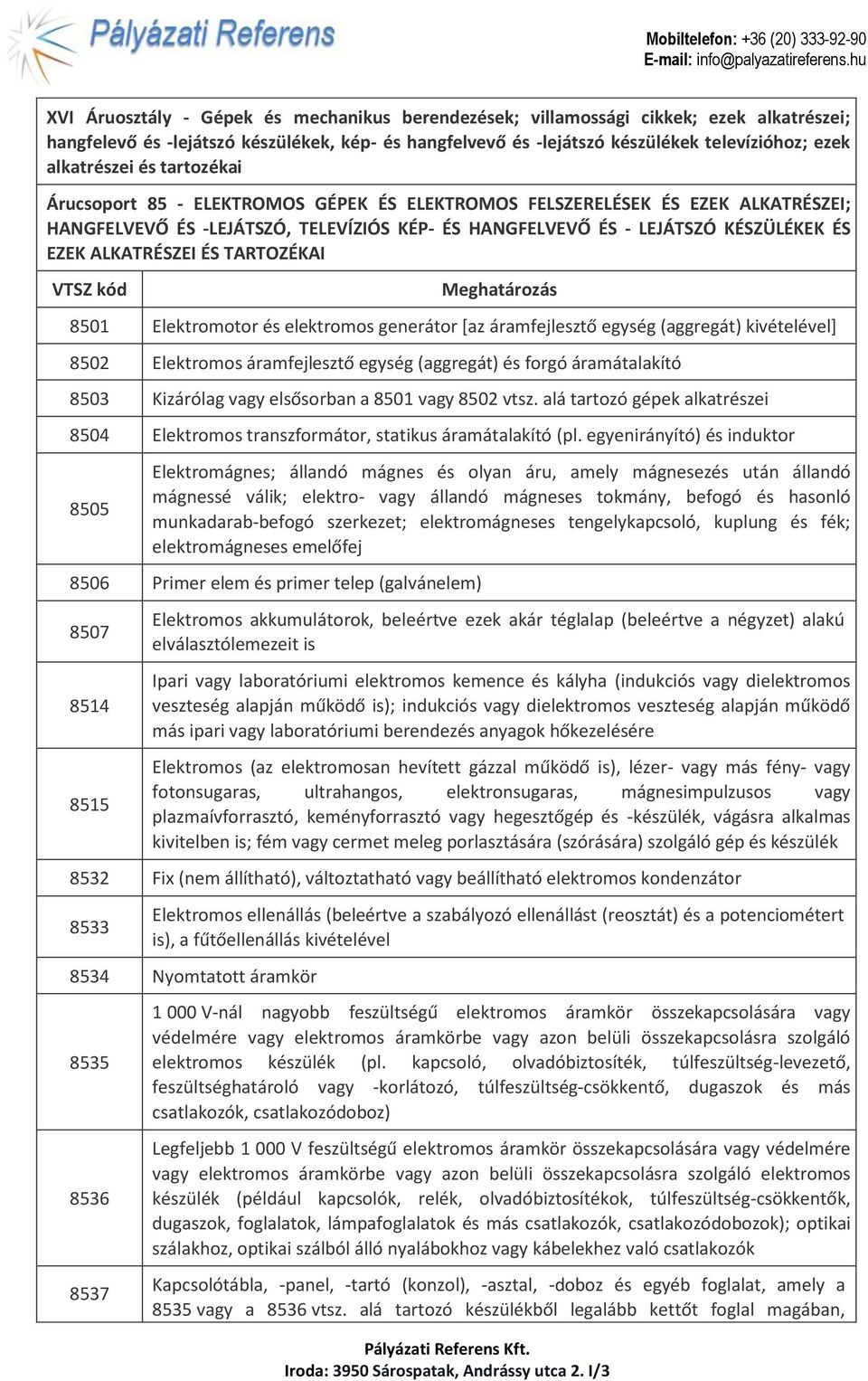 ALKATRÉSZEI ÉS TARTOZÉKAI VTSZ kód Meghatározás 8501 Elektromotor és elektromos generátor [az áramfejlesztő egység (aggregát) kivételével] 8502 Elektromos áramfejlesztő egység (aggregát) és forgó