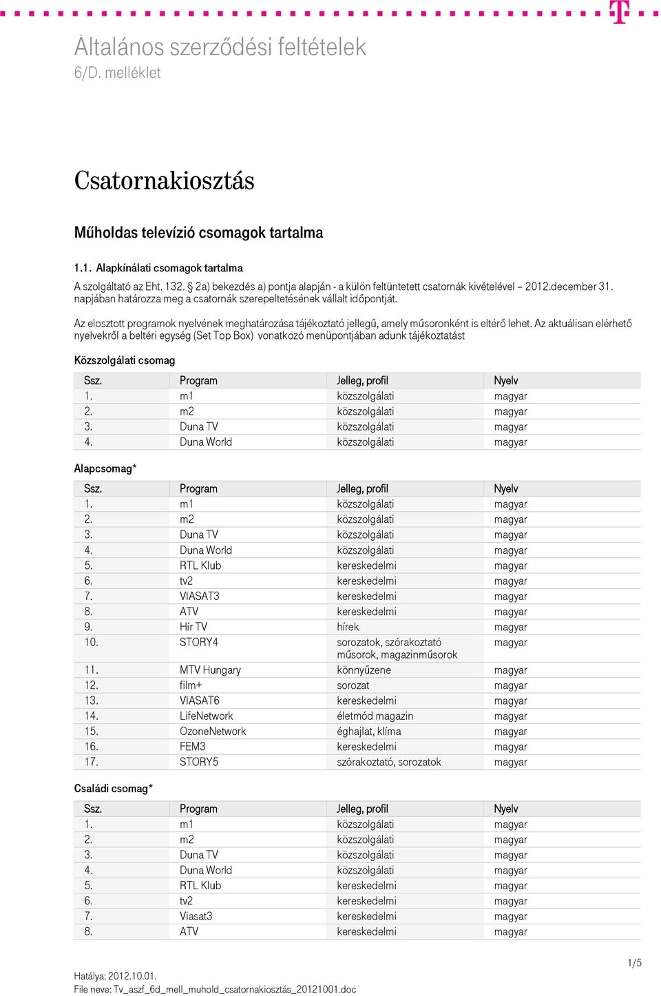 Az aktuálisan elérhető nyelvekről a beltéri egység (Set Top Box) vonatkozó menüpontjában adunk tájékoztatást Közszolgálati csomag 1. m1 közszolgálati 2. m2 közszolgálati 3. Duna TV közszolgálati 4.